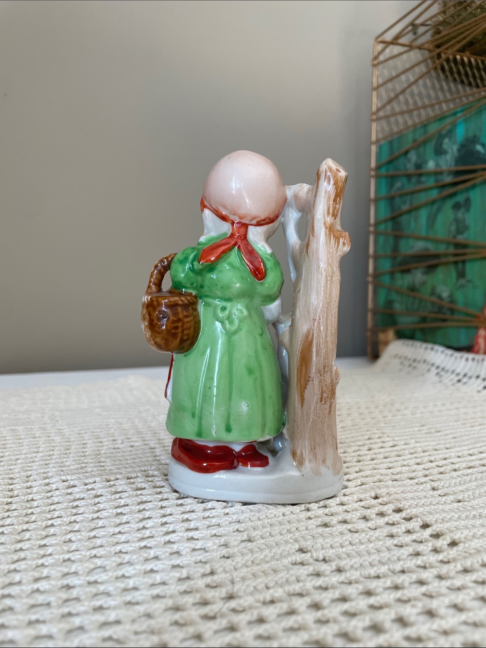 Hand-Painted Ceramic Girl with Lamb Figurine in Red and Green - Picture 2 of 2